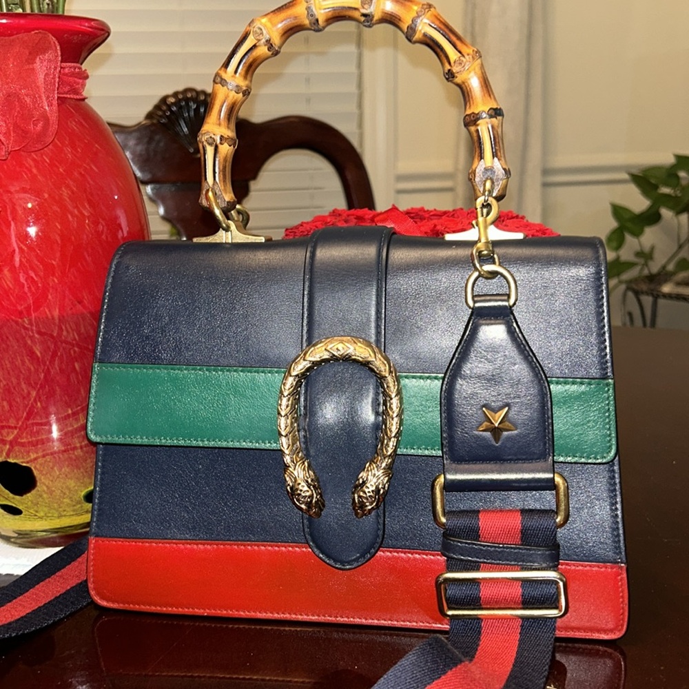 🛎️Gucci Dionysus Navy, Green, and Red Leather Satchel with Bamboo Handle🔥 - Picture 1 of 12